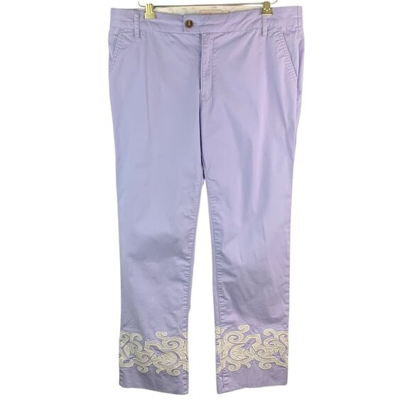 Tory Burch Purple Cotton Embroidered Hem Detail Straight Fit Pants Size 30 - Picture 1 of 8